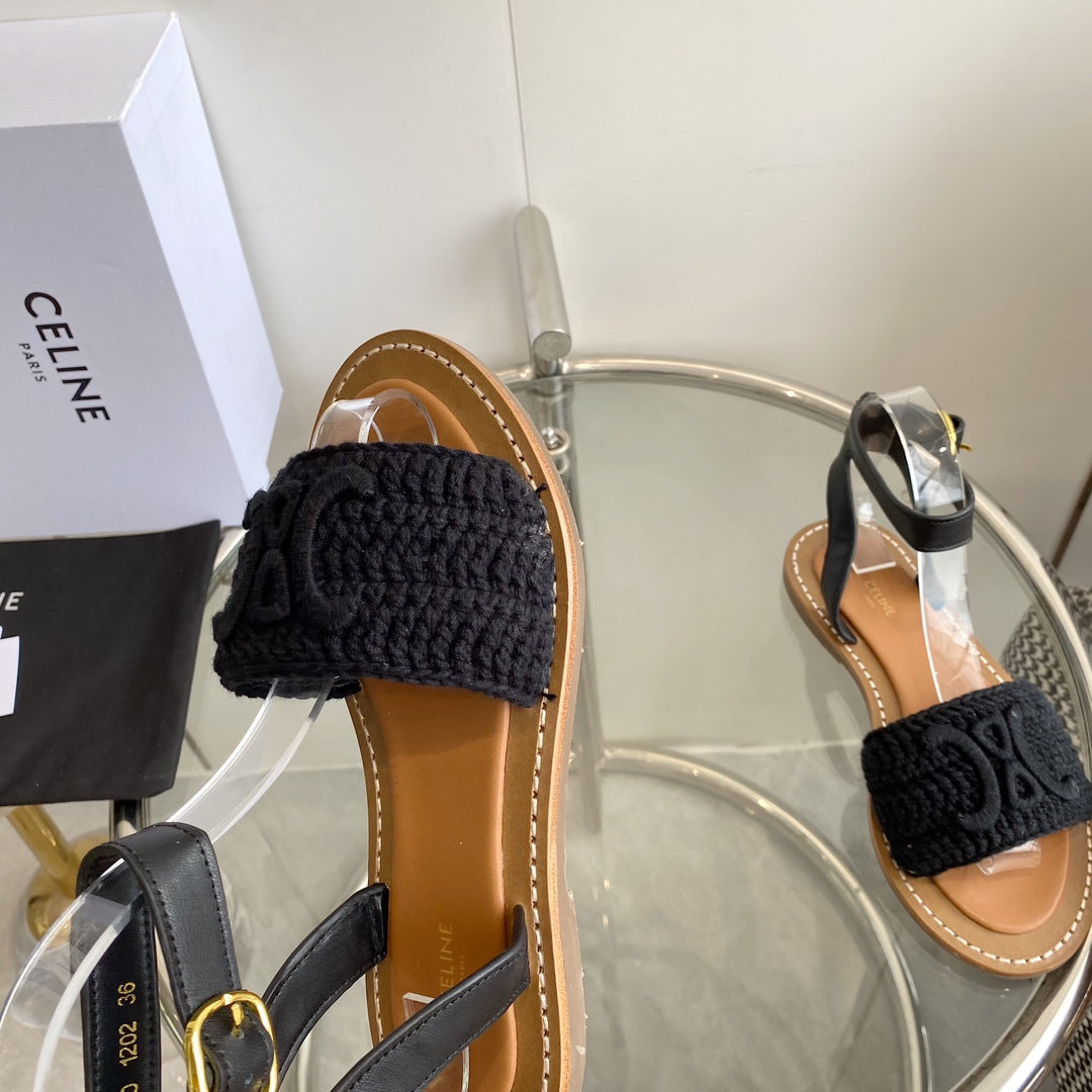LYMPIA SANDAL IN BLACK TRIOMPHE MACCRAMÉ COTTON AND CALFSKIN - 35
