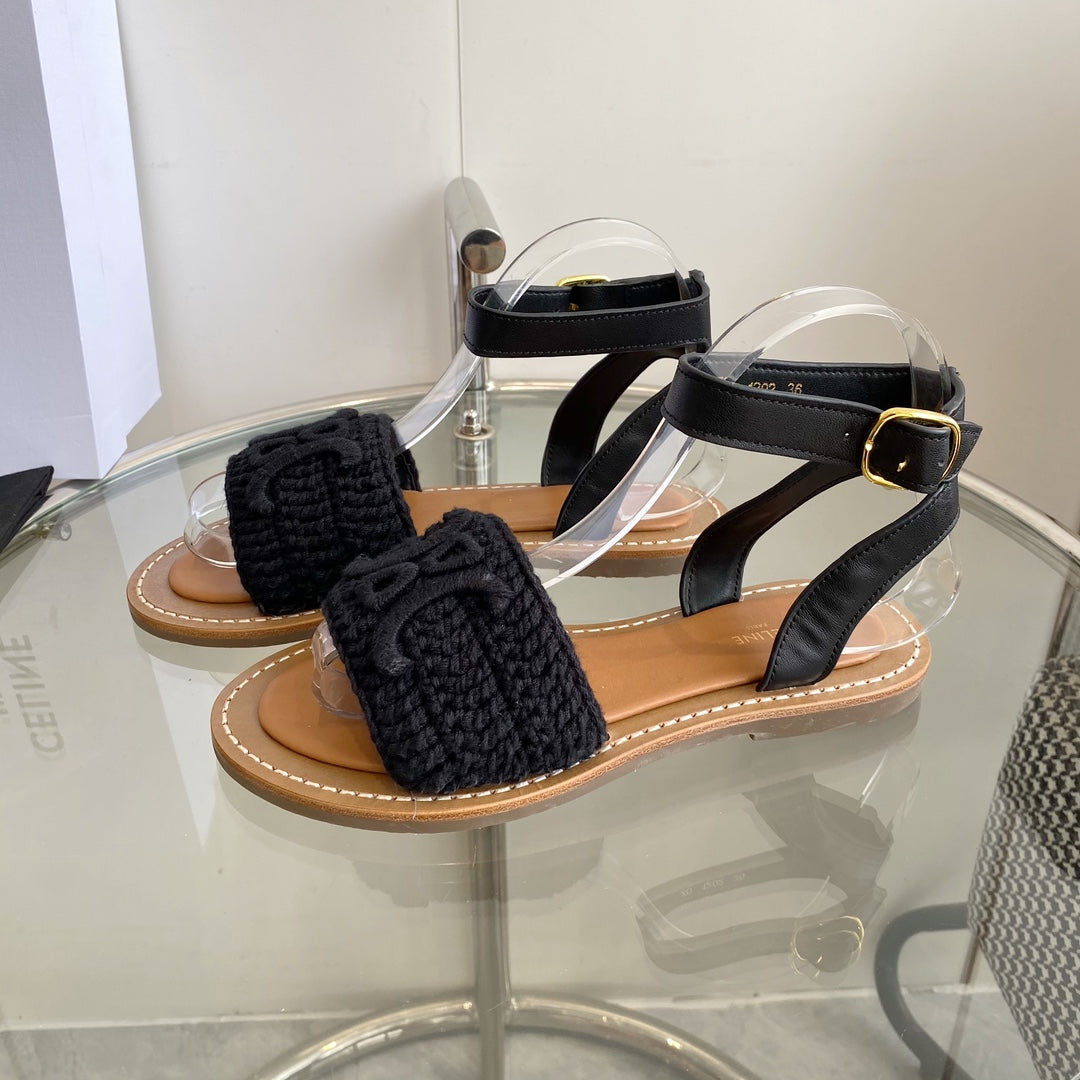 LYMPIA SANDAL IN BLACK TRIOMPHE MACCRAMÉ COTTON AND CALFSKIN - 35