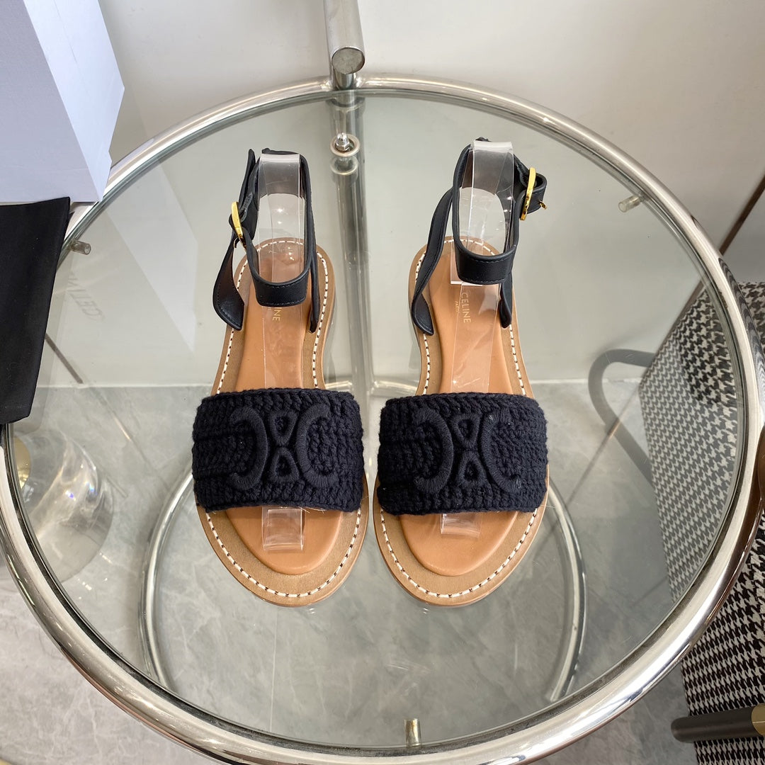 LYMPIA SANDAL IN BLACK TRIOMPHE MACCRAMÉ COTTON AND CALFSKIN - 35