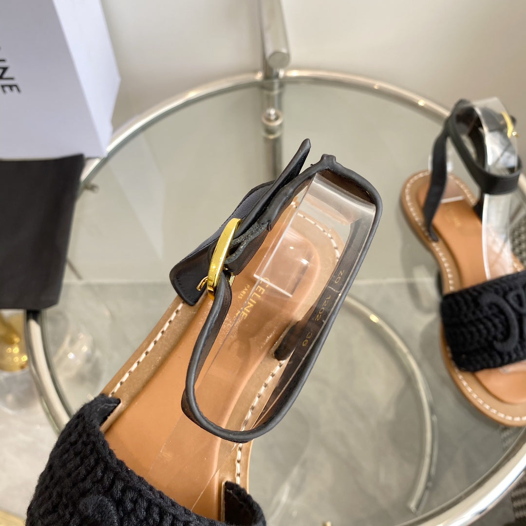 LYMPIA SANDAL IN BLACK TRIOMPHE MACCRAMÉ COTTON AND CALFSKIN - 35
