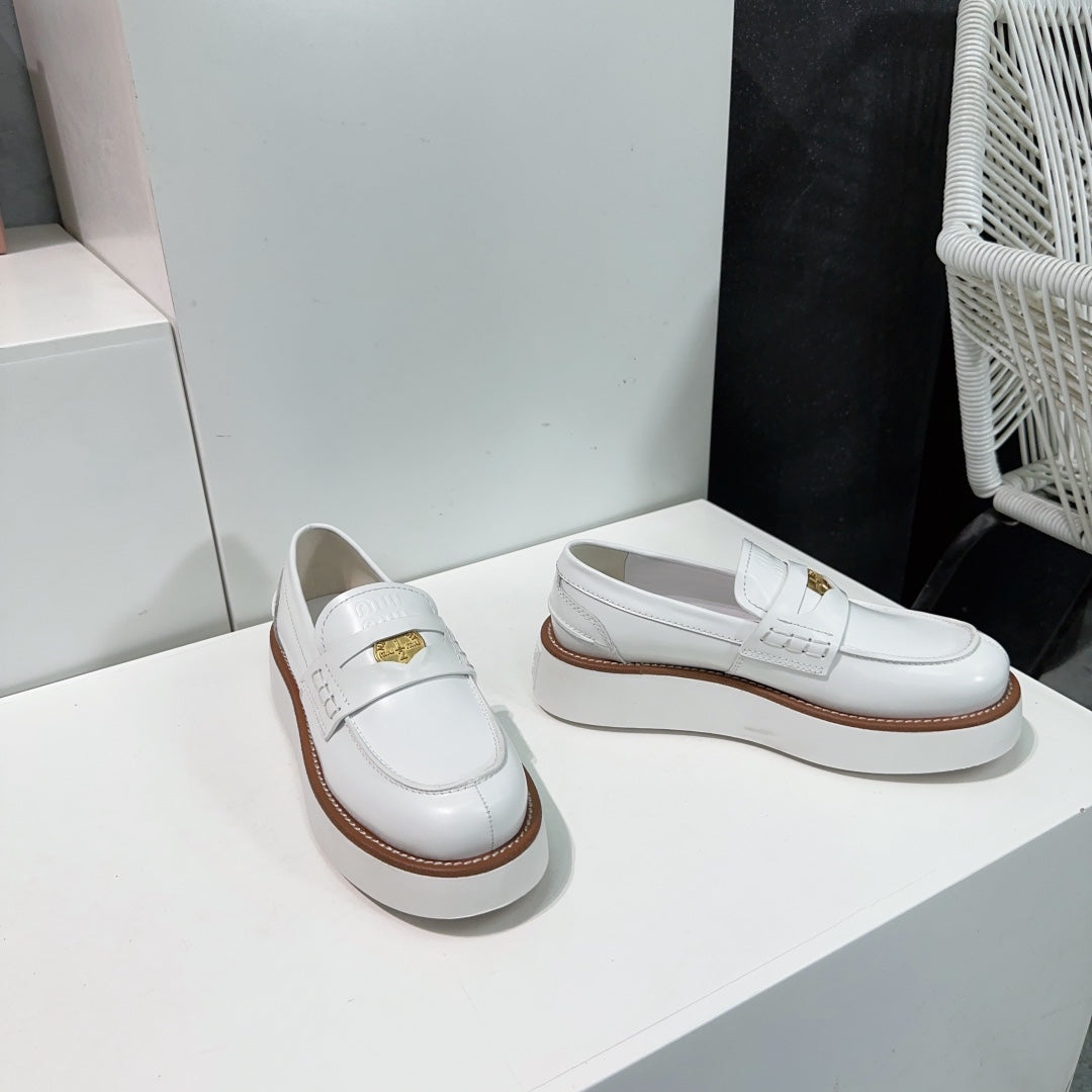 Thick-Soled Loafers Shoes White Cowhide - 35