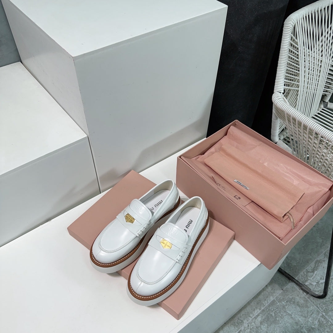 Thick-Soled Loafers Shoes White Cowhide - 35