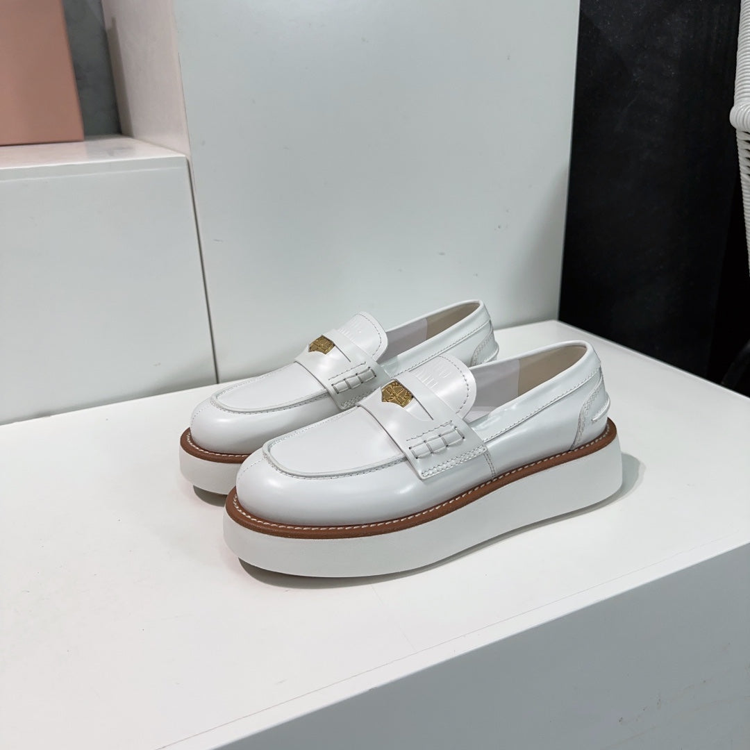 Thick-Soled Loafers Shoes White Cowhide - 35