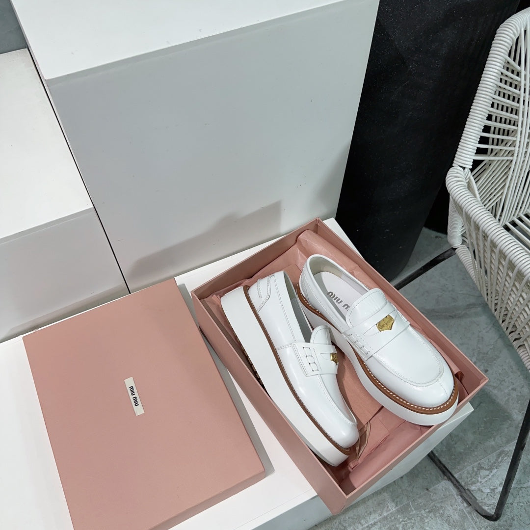 Thick-Soled Loafers Shoes White Cowhide - 35