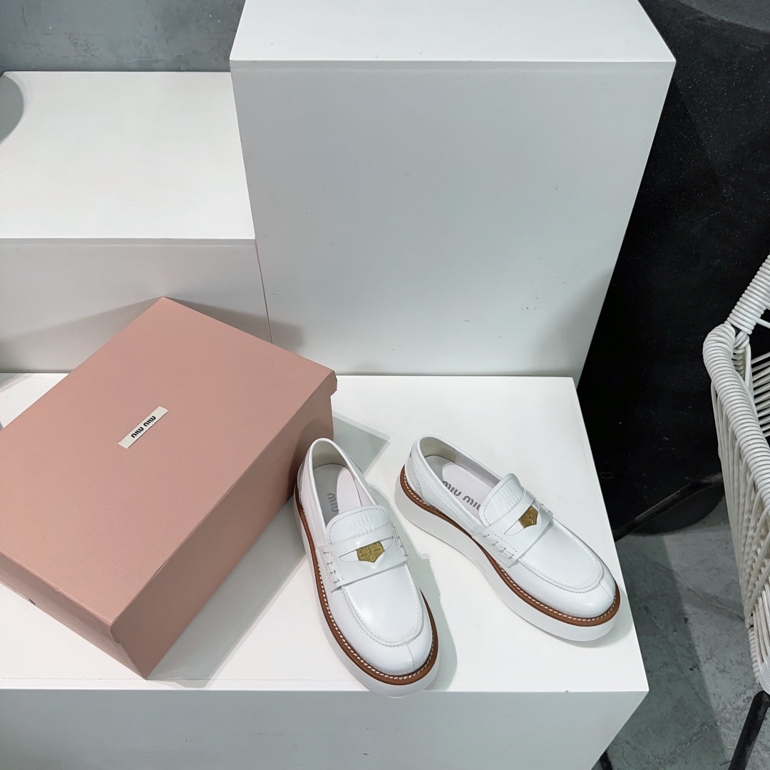 Thick-Soled Loafers Shoes White Cowhide - 35