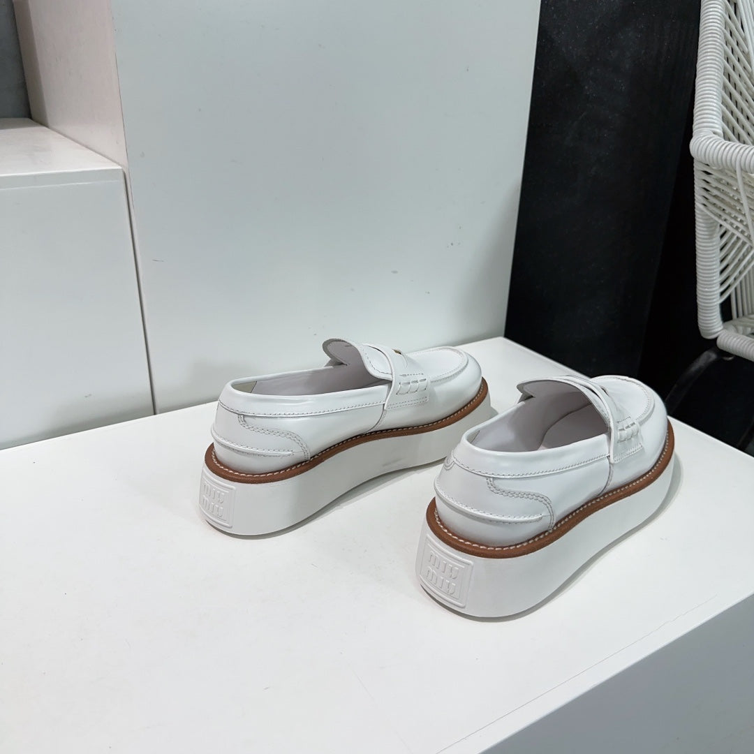 Thick-Soled Loafers Shoes White Cowhide - 35