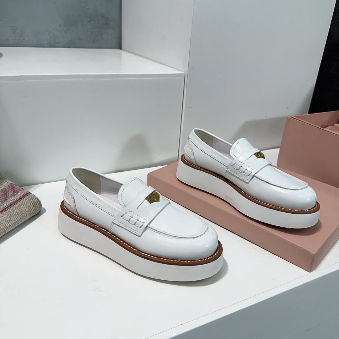 Thick-Soled Loafers Shoes White Cowhide - 35