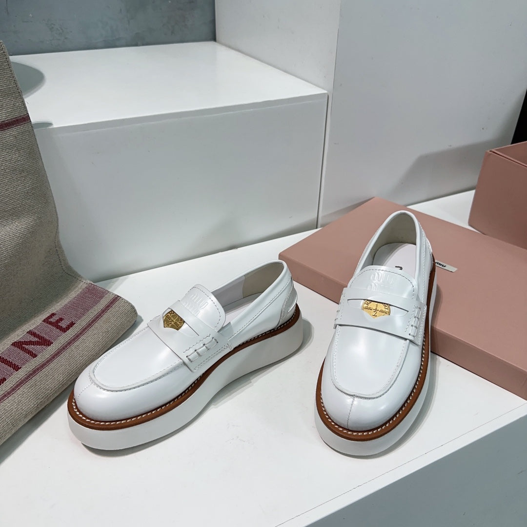 Thick-Soled Loafers Shoes White Cowhide - 35