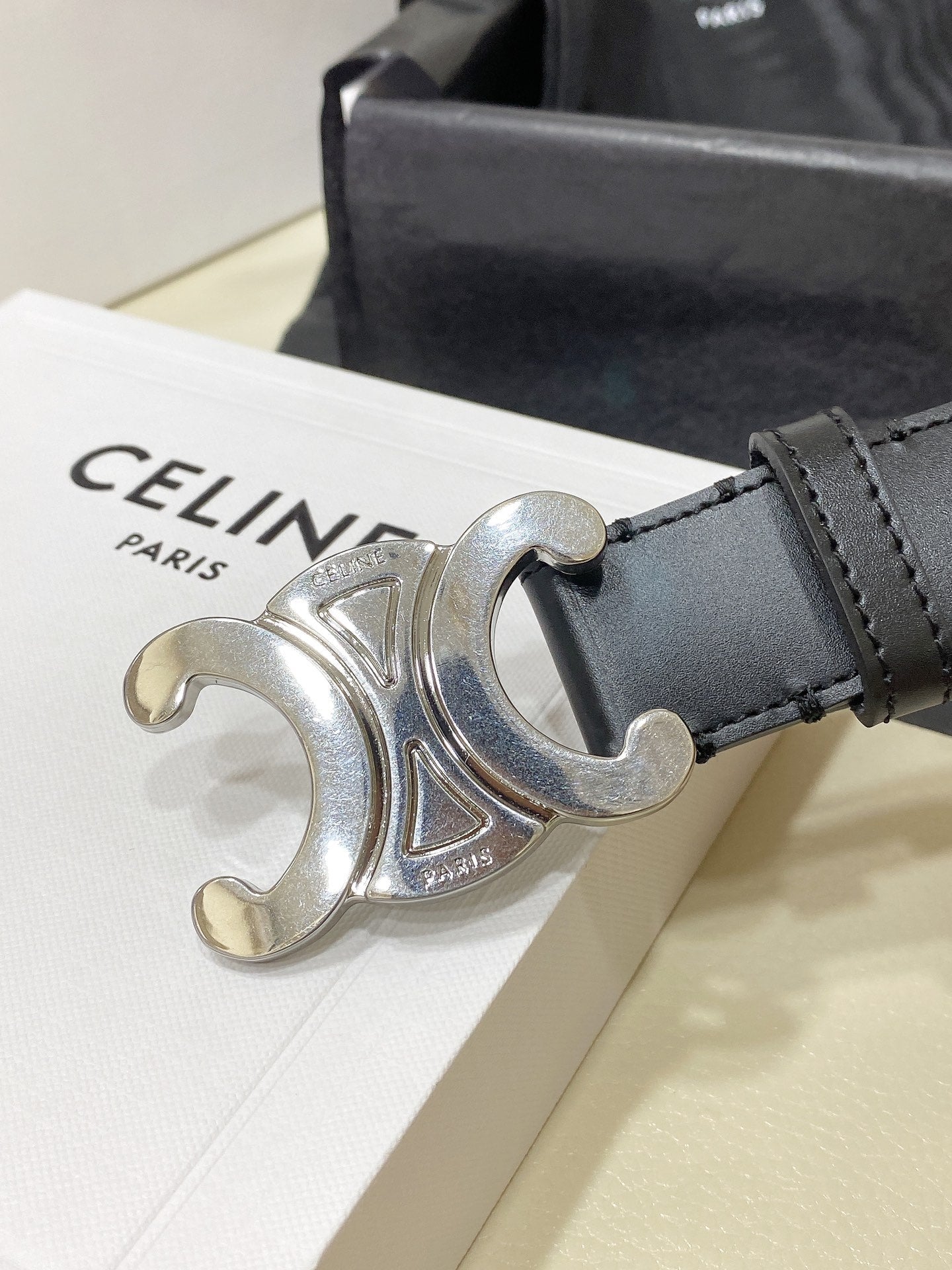 CL LARGE 30 MM TRIOMPHE BELT IN BLACK AND SILVER HARDWARE - 30