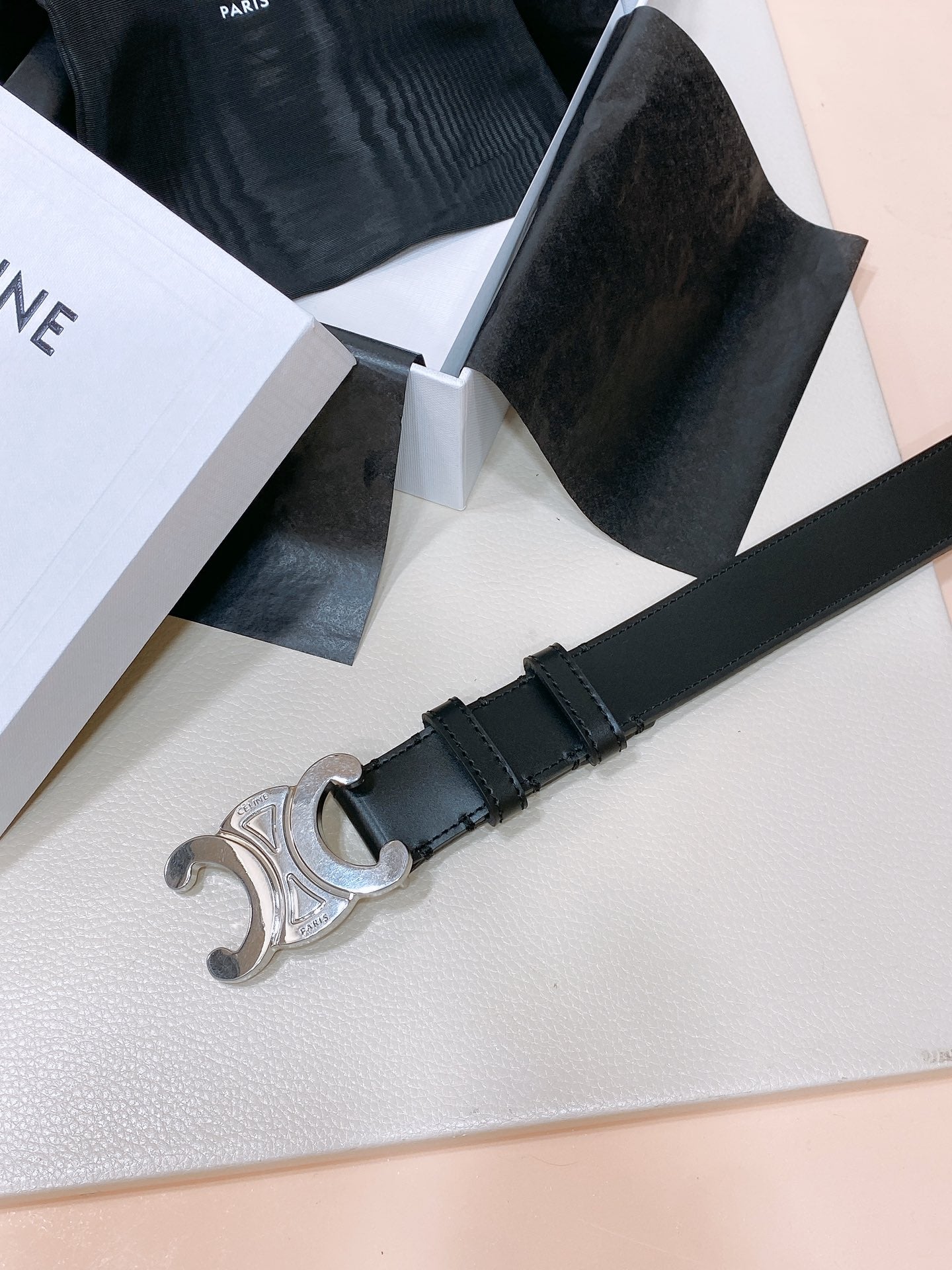 CL LARGE 30 MM TRIOMPHE BELT IN BLACK AND SILVER HARDWARE - 30