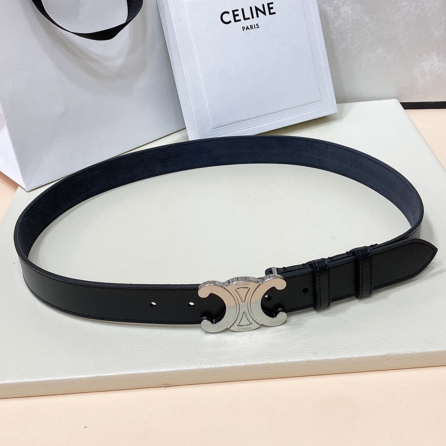 CL LARGE 30 MM TRIOMPHE BELT IN BLACK AND SILVER HARDWARE - 30