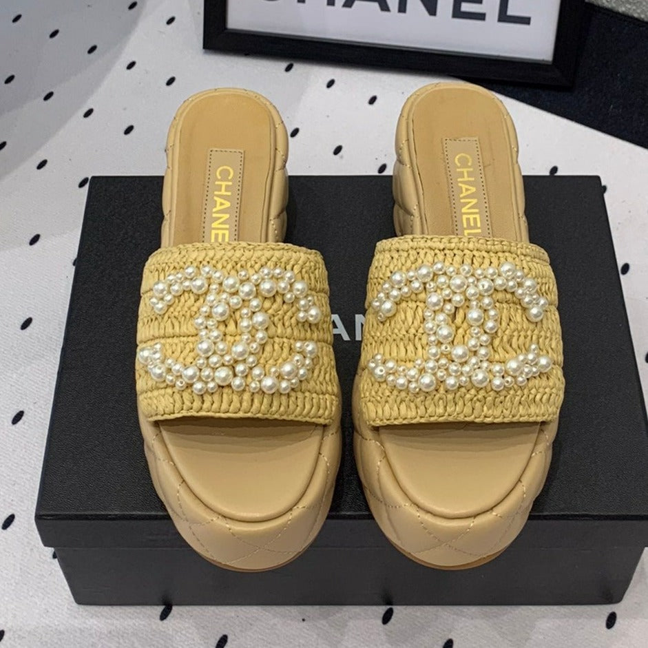 Double CC pearl platform sandals Sheepskin Fawn Yellow - 35