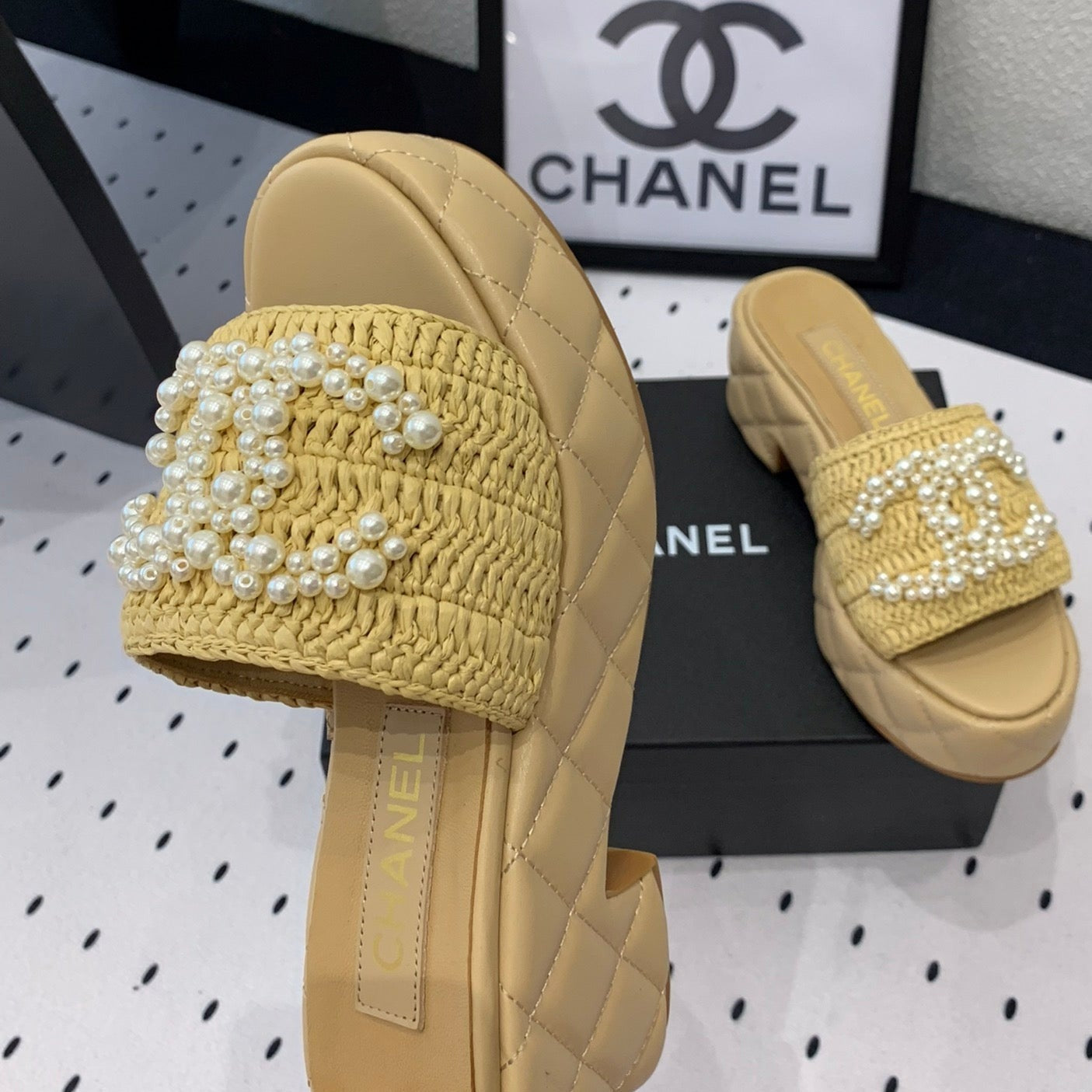 Double CC pearl platform sandals Sheepskin Fawn Yellow - 35