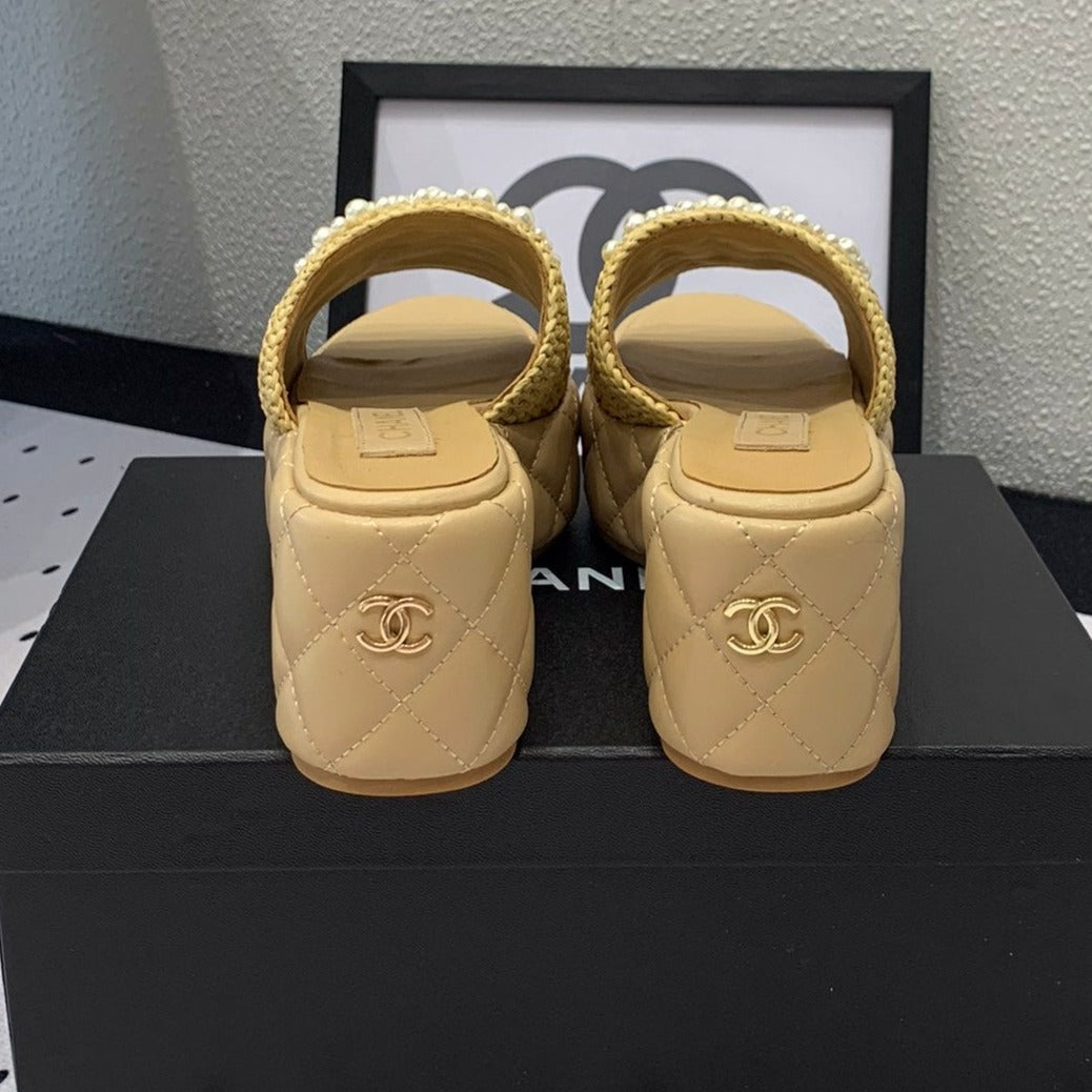 Double CC pearl platform sandals Sheepskin Fawn Yellow - 35