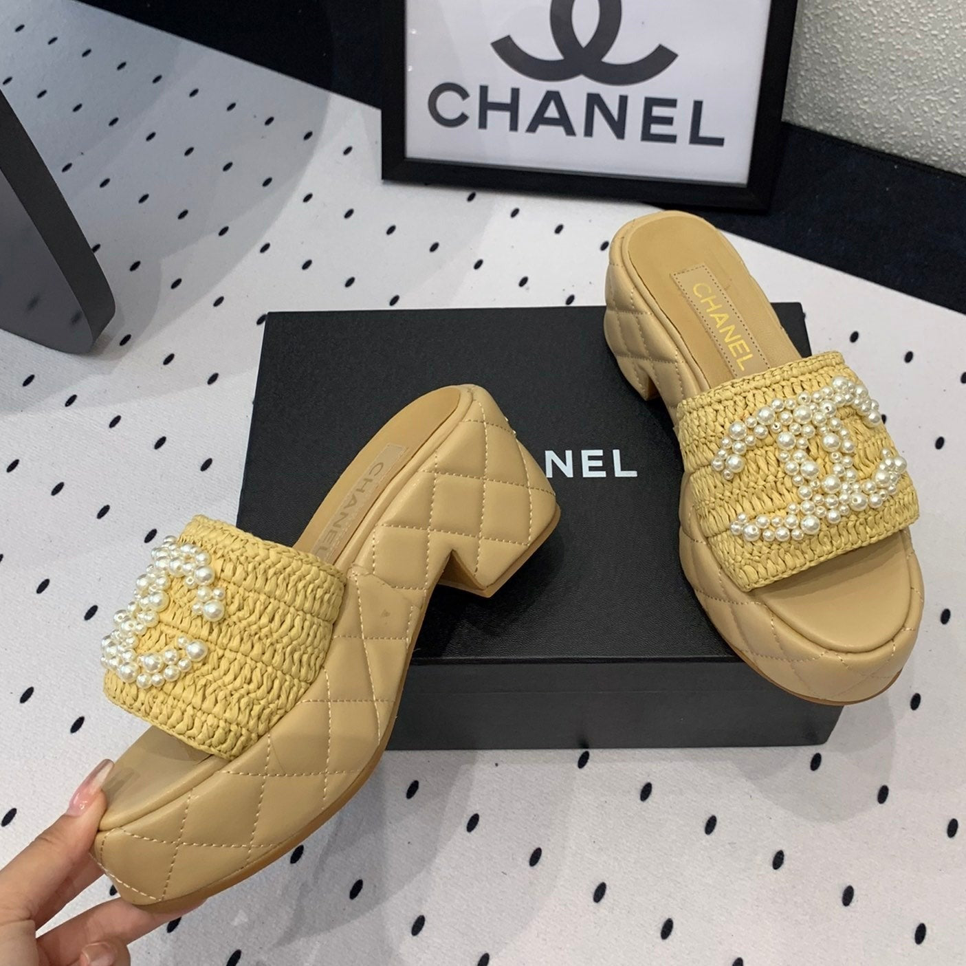 Double CC pearl platform sandals Sheepskin Fawn Yellow - 35