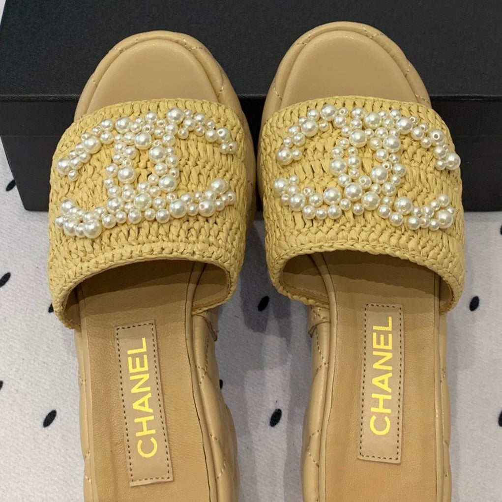 Double CC pearl platform sandals Sheepskin Fawn Yellow - 35