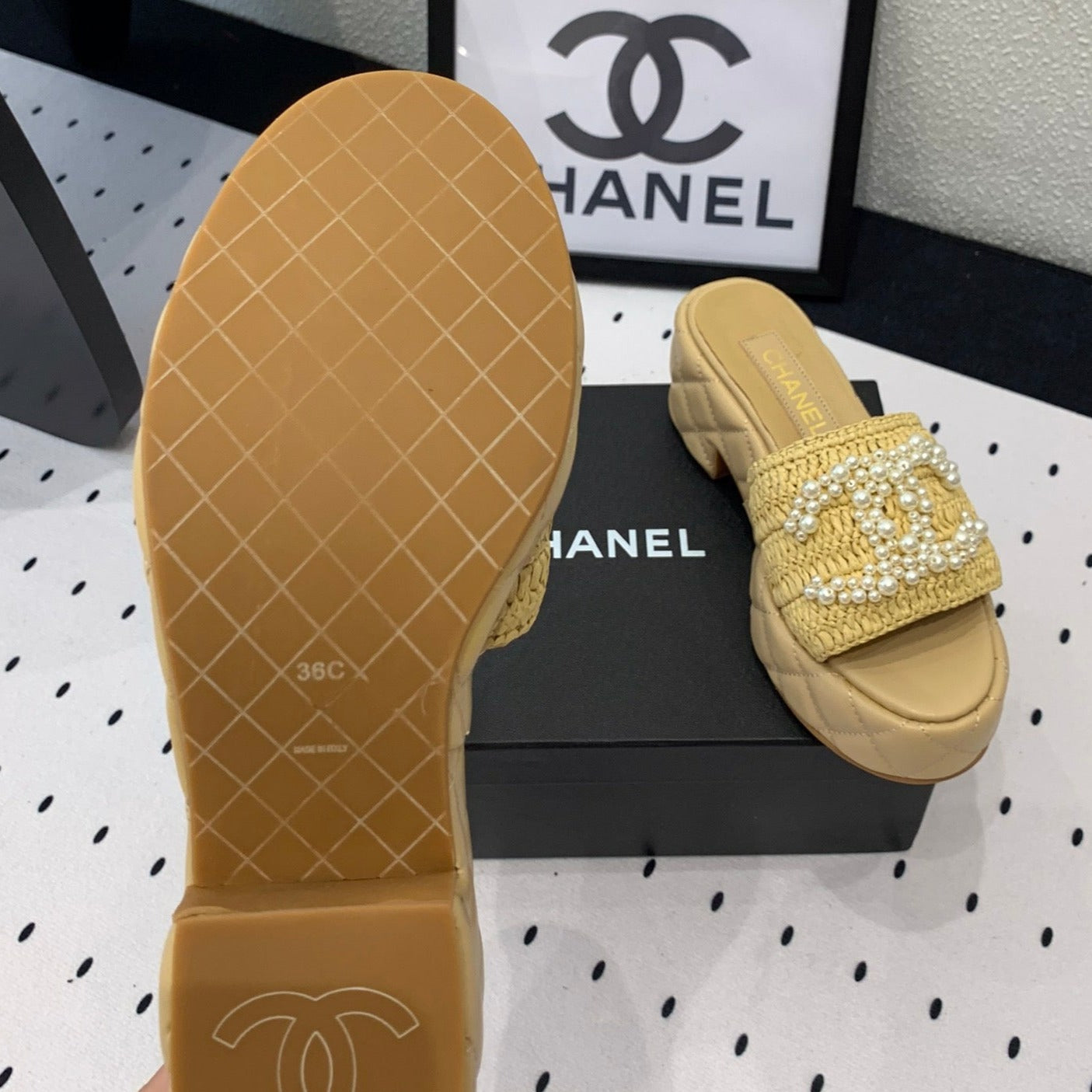 Double CC pearl platform sandals Sheepskin Fawn Yellow - 35