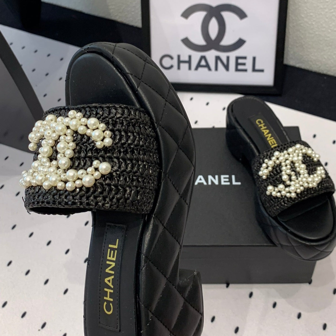 Double CC pearl platform sandals Sheepskin Black - 35