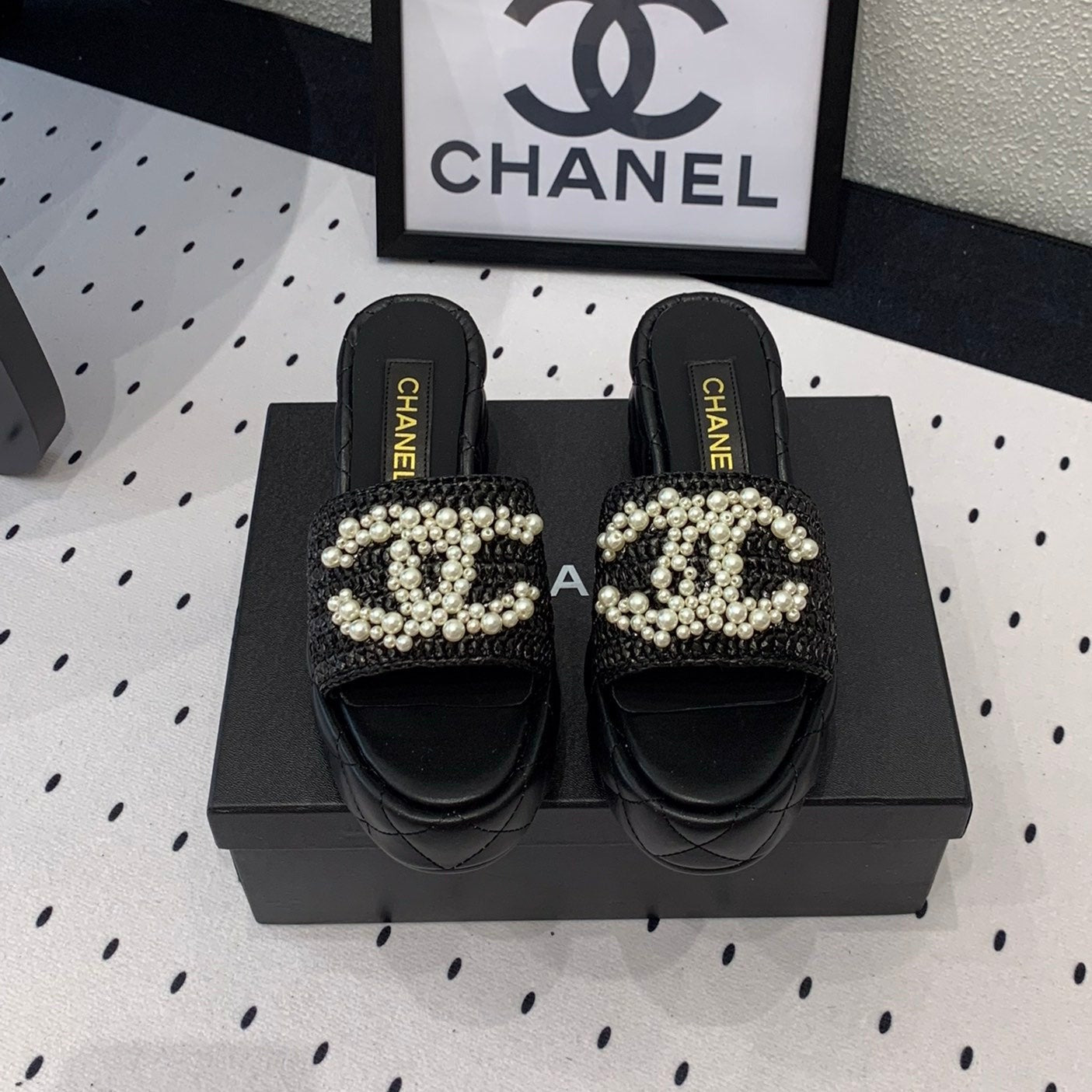 Double CC pearl platform sandals Sheepskin Black - 35