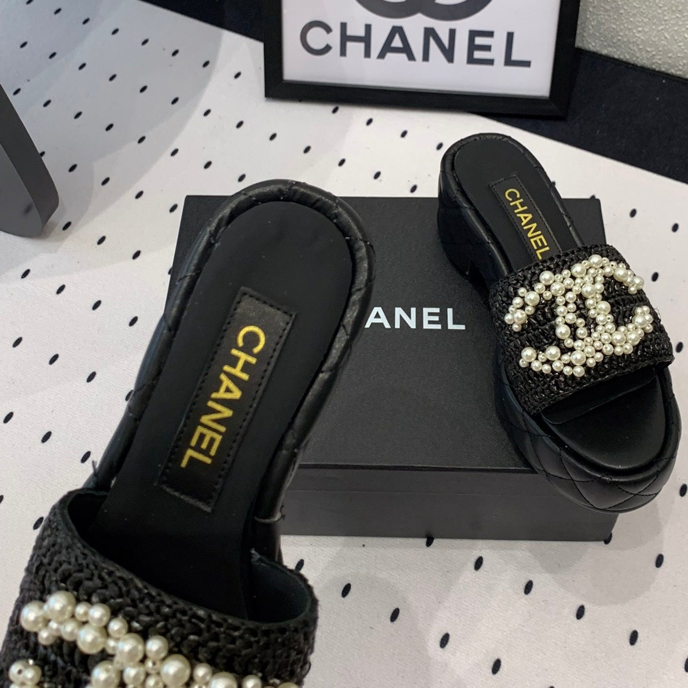 Double CC pearl platform sandals Sheepskin Black - 35