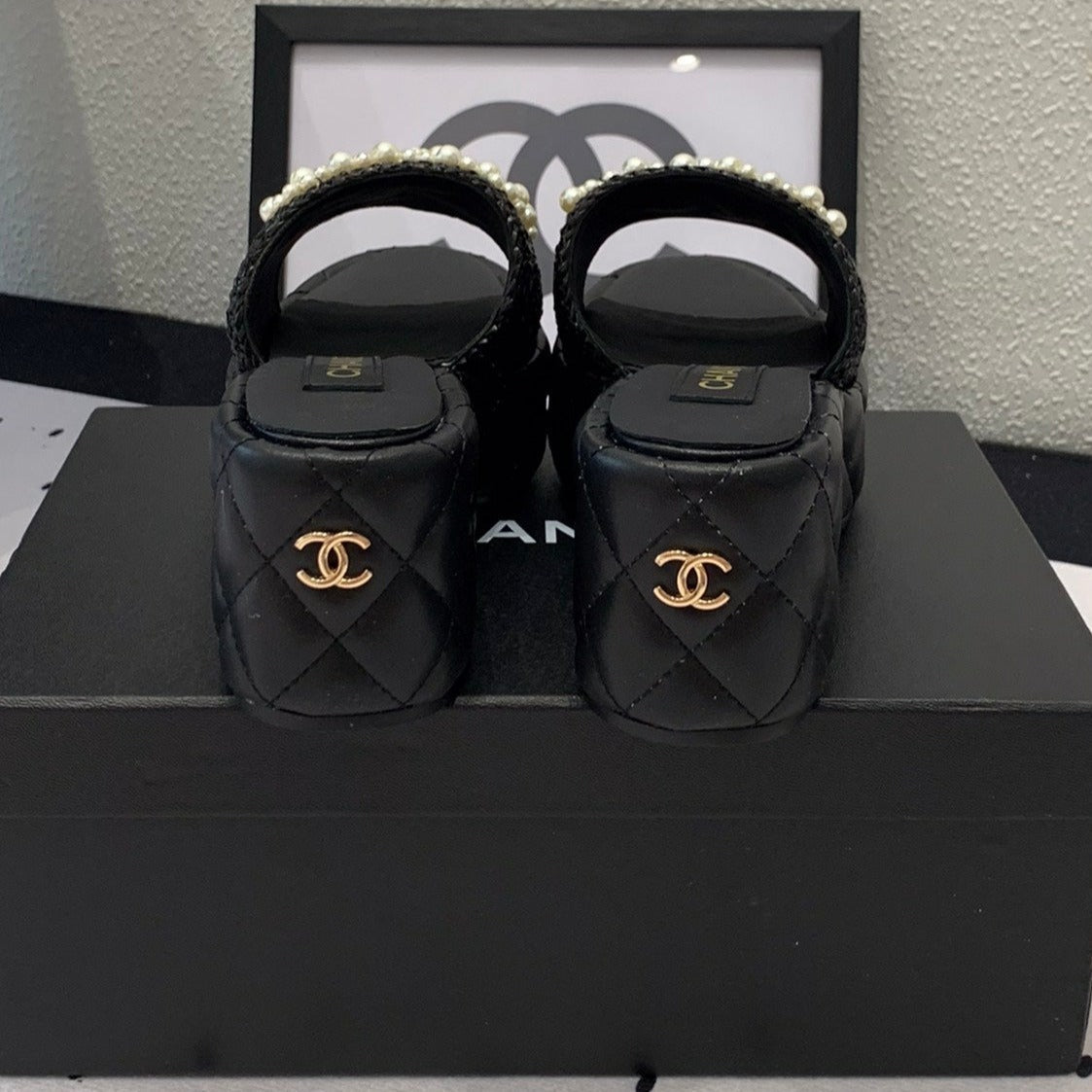 Double CC pearl platform sandals Sheepskin Black - 35