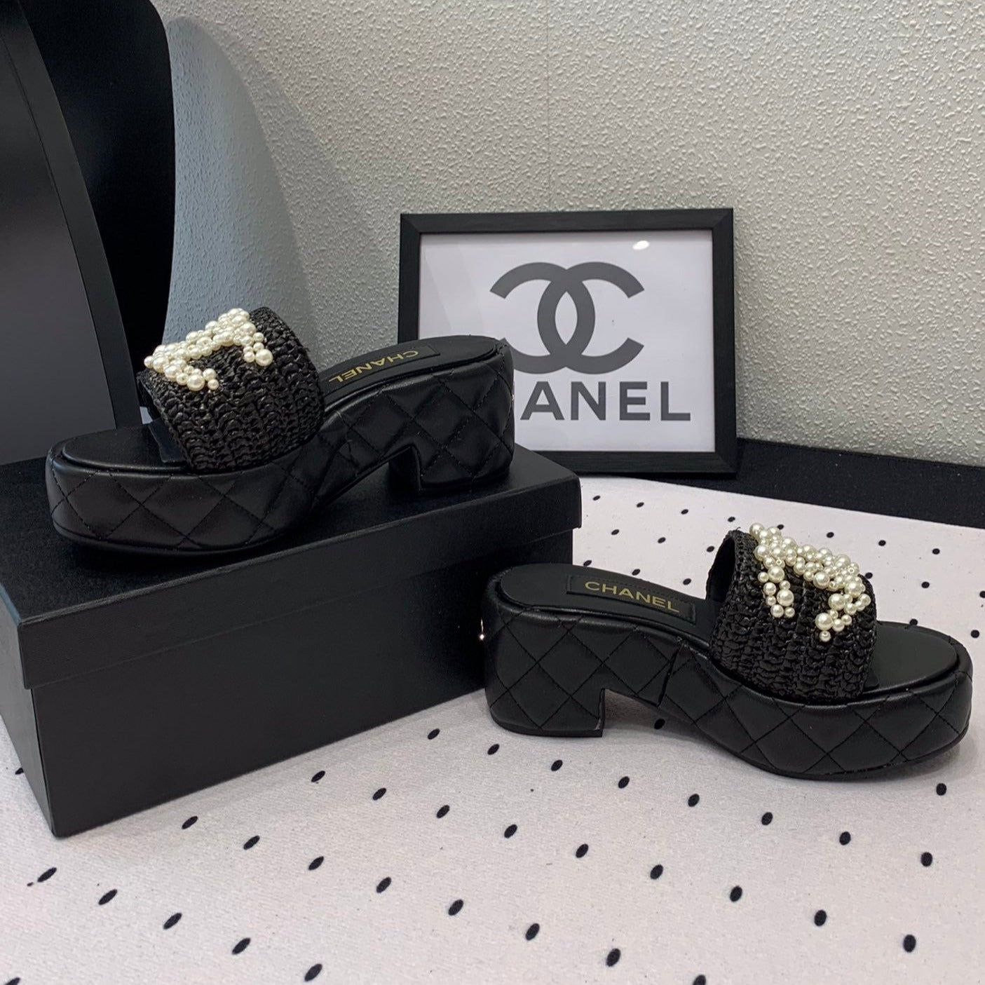 Double CC pearl platform sandals Sheepskin Black - 35