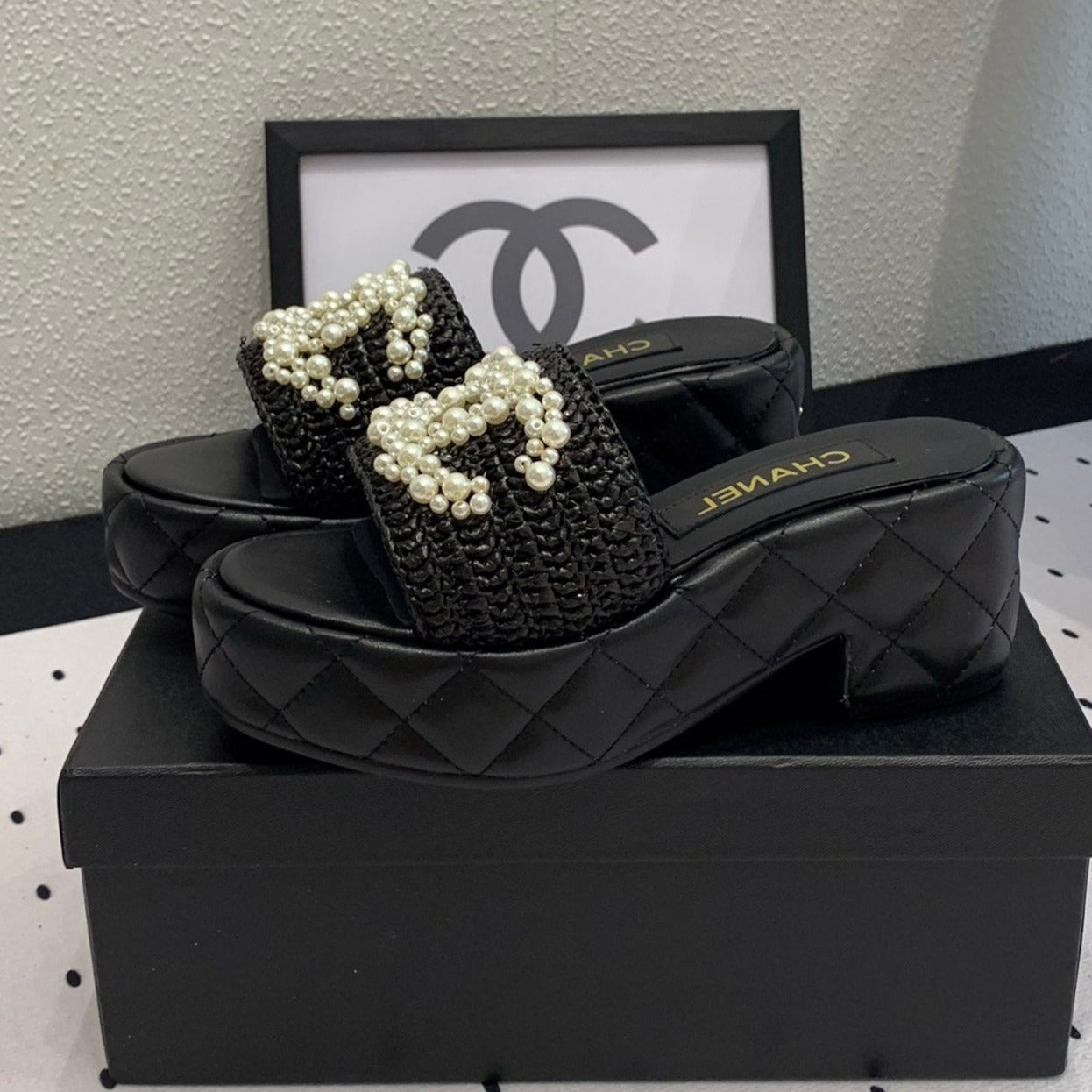 Double CC pearl platform sandals Sheepskin Black - 35