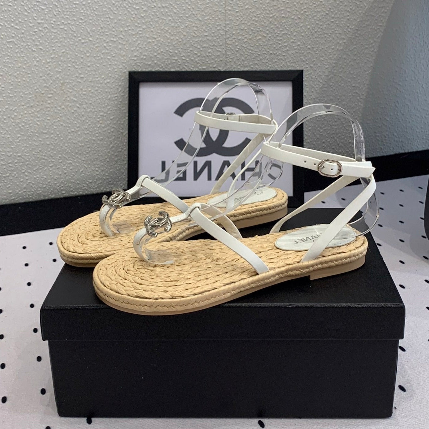 Double CC Vintage straw sandals replica designer shoe White Beige sheepskin - 35