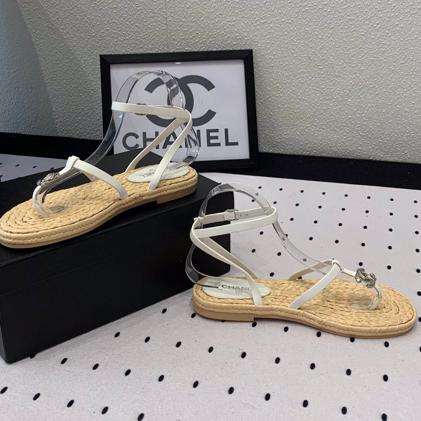 Double CC Vintage straw sandals replica designer shoe White Beige sheepskin - 35