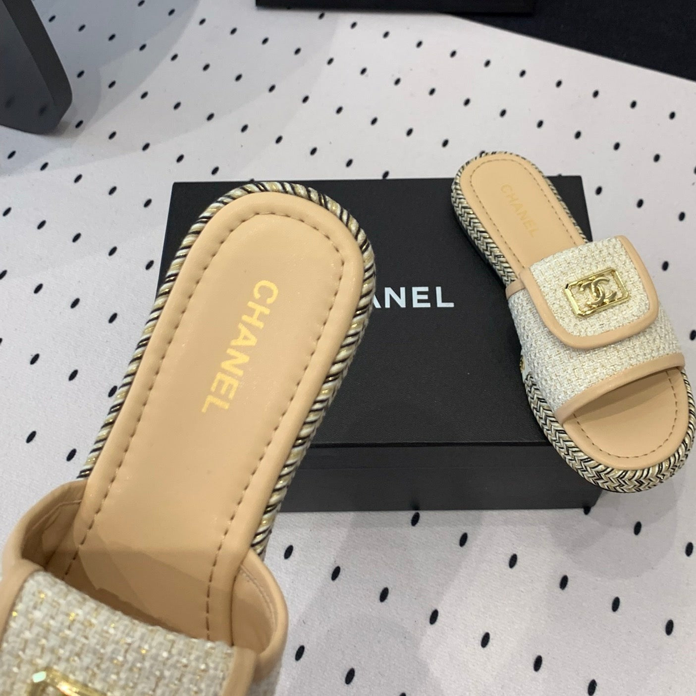 Double CC Women New Trendy Calfskin Slippers Beige Cream - 35