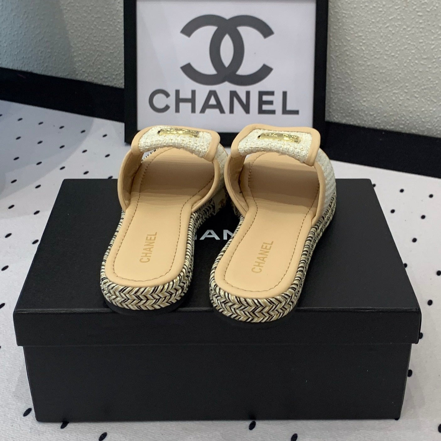 Double CC Women New Trendy Calfskin Slippers Beige Cream - 35