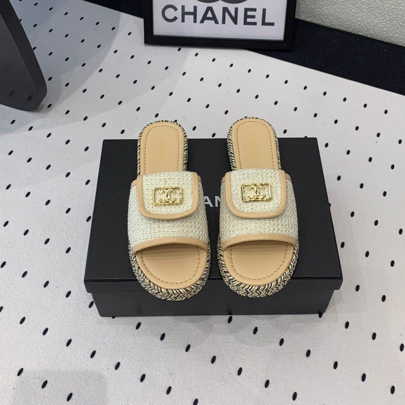 Double CC Women New Trendy Calfskin Slippers Beige Cream - 35