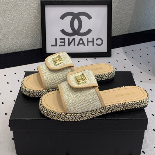 Double CC Women New Trendy Calfskin Slippers Beige Cream - 35