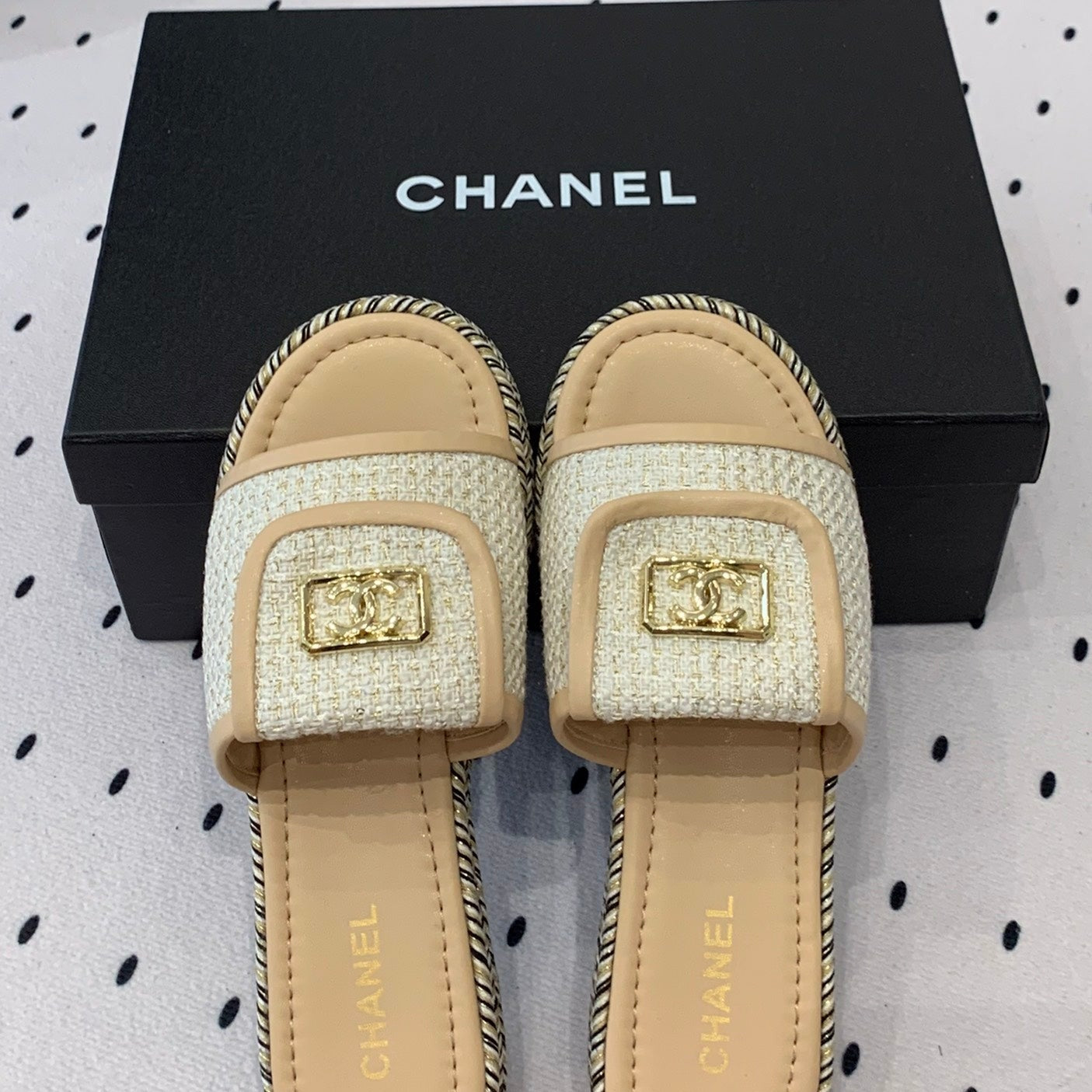 Double CC Women New Trendy Calfskin Slippers Beige Cream - 35