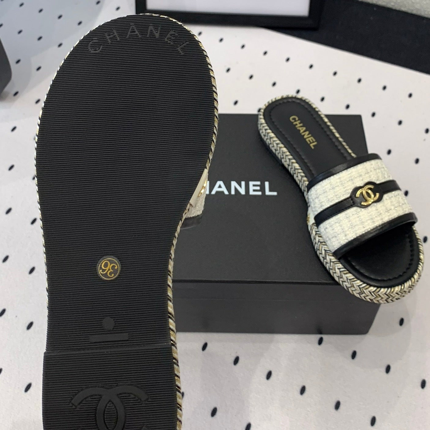 Double CC Women White Black Slippers Calfskin - 35