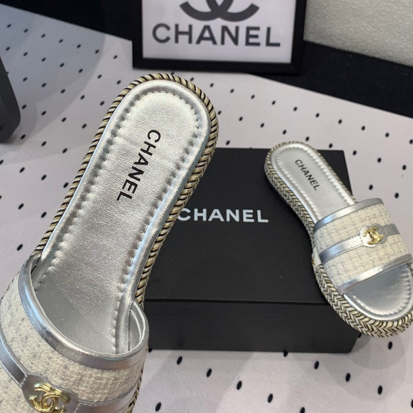 Double CC Women Silver Slippers Calfskin - 35