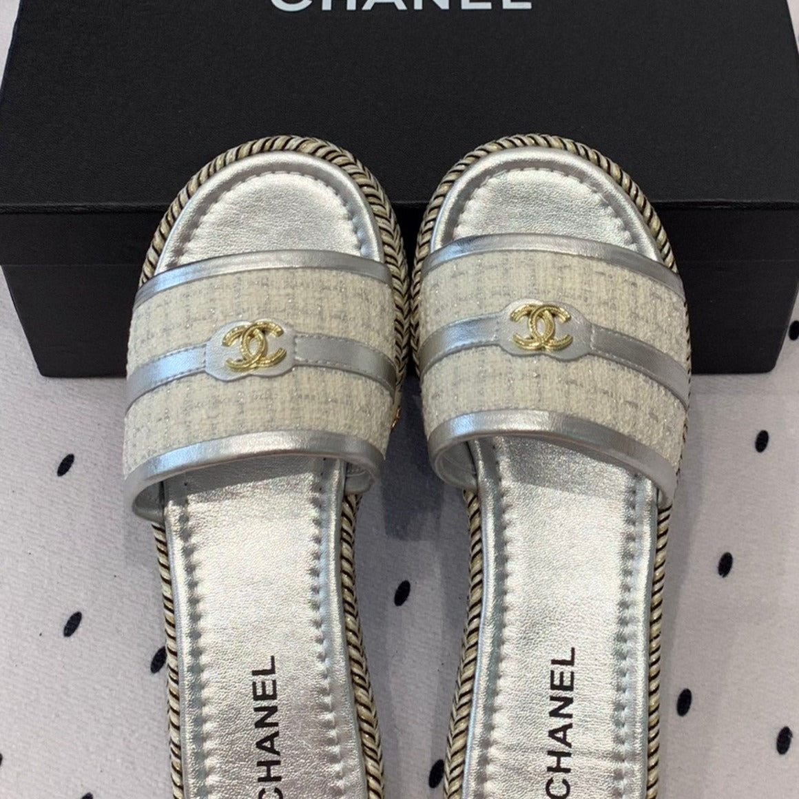 Double CC Women Silver Slippers Calfskin - 35