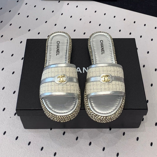 Double CC Women Silver Slippers Calfskin - 35