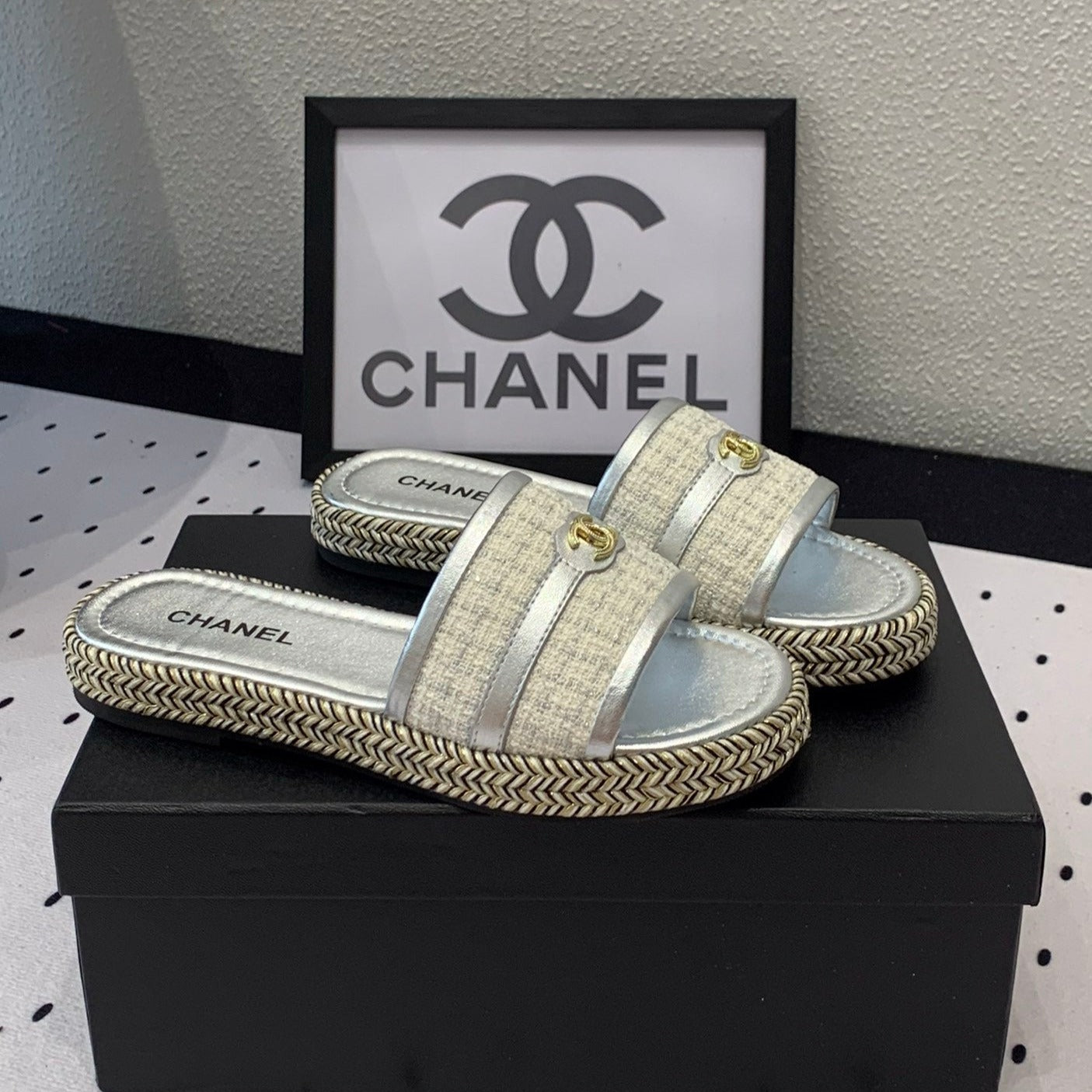 Double CC Women Silver Slippers Calfskin - 35