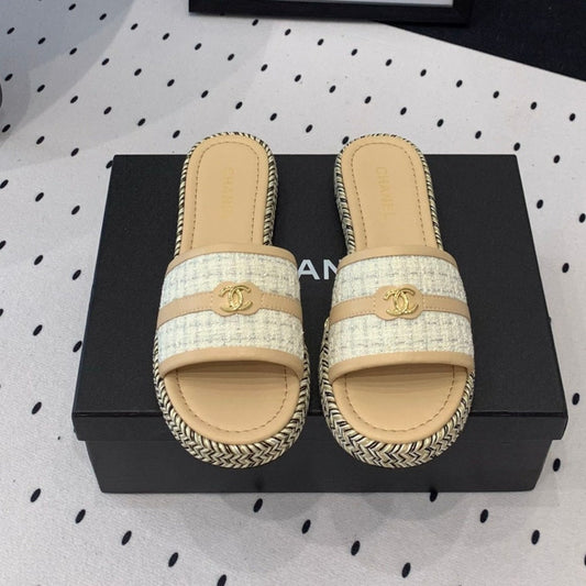 Double CC Women Beige Cream/ White Slippers Calfskin - 35