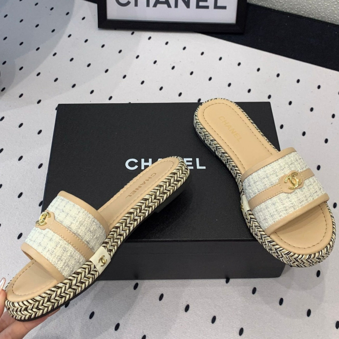 Double CC Women Beige Cream/ White Slippers Calfskin - 35