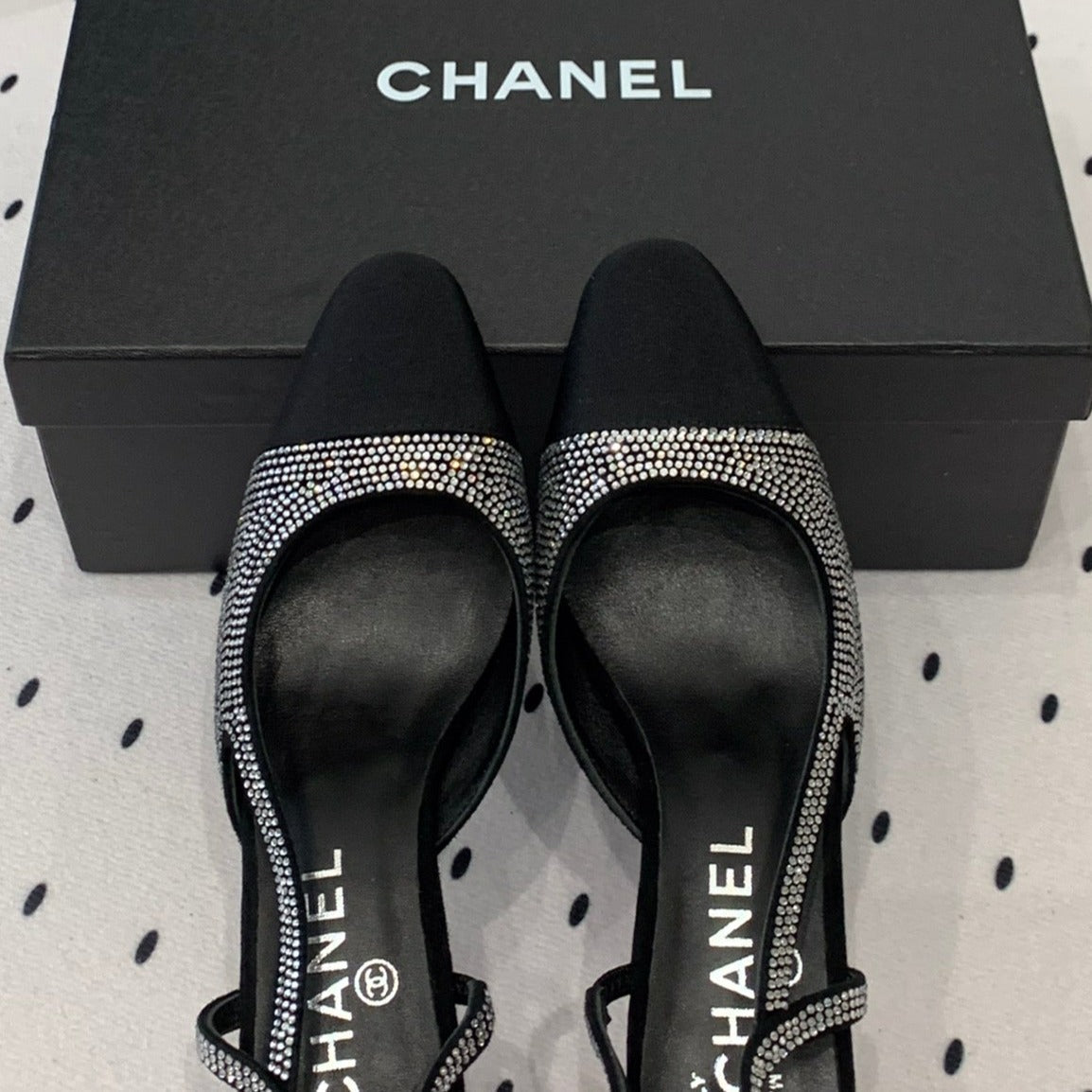 Double CC Rhinestone Slingback Sheepskin Silver Black - 35