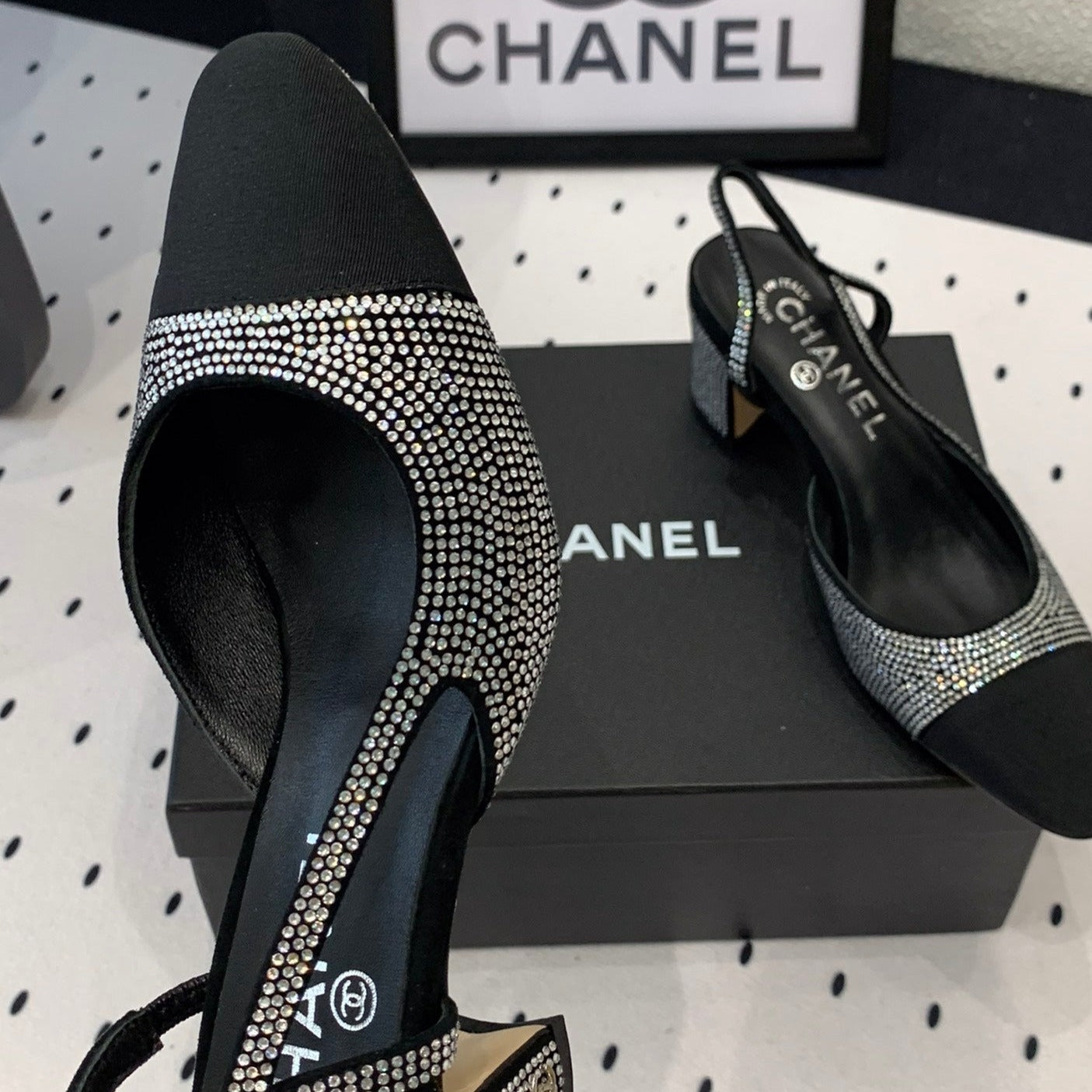 Double CC Rhinestone Slingback Sheepskin Silver Black - 35