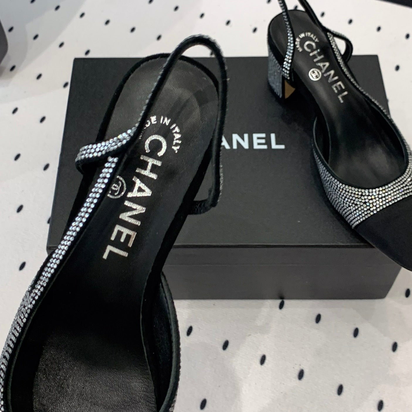 Double CC Rhinestone Slingback Sheepskin Silver Black - 35