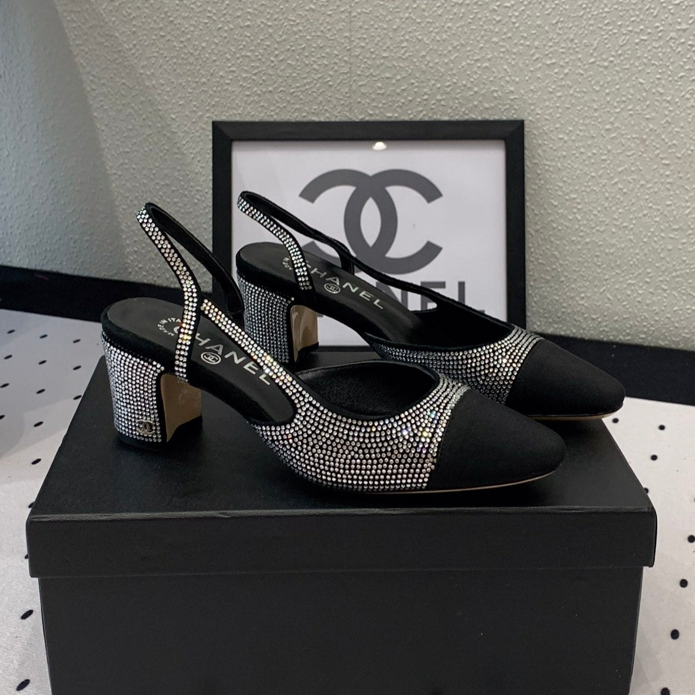 Double CC Rhinestone Slingback Sheepskin Silver Black - 35