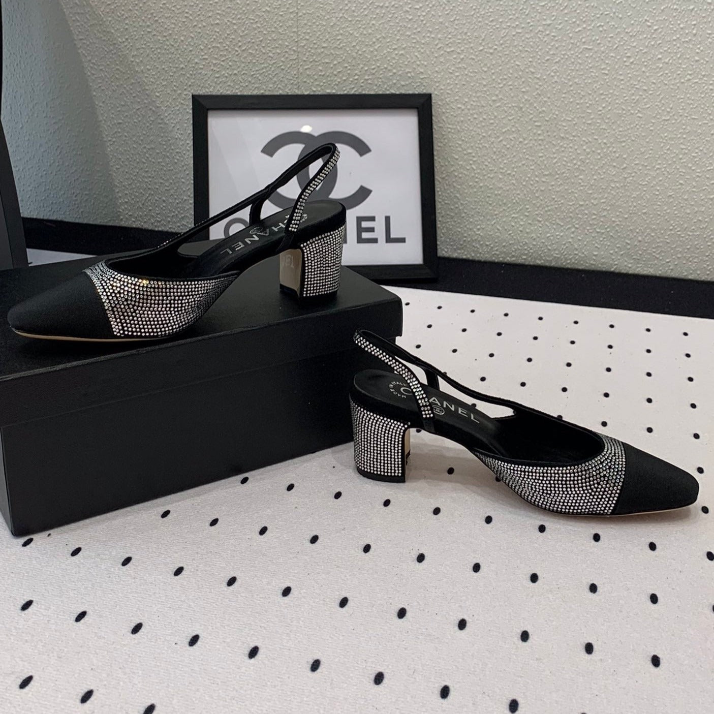 Double CC Rhinestone Slingback Sheepskin Silver Black - 35