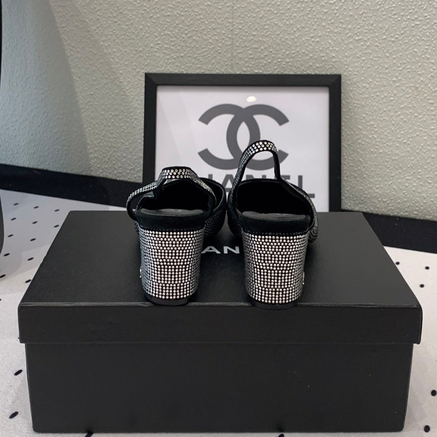 Double CC Rhinestone Slingback Sheepskin Silver Black - 35