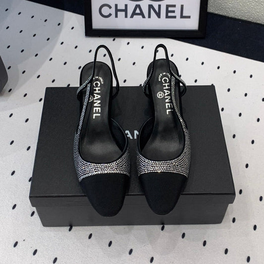 Double CC Rhinestone Slingback Sheepskin Silver Black - 35