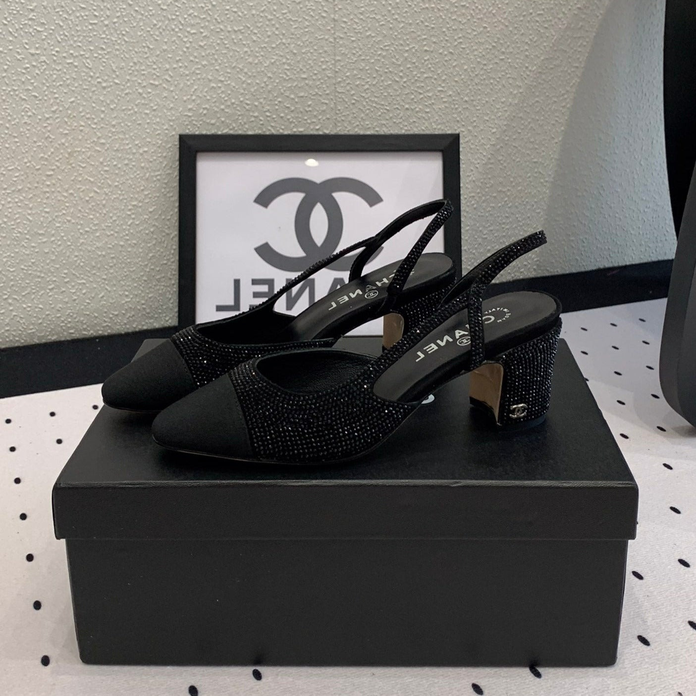 Double CC Rhinestone Slingback Sheepskin Black - 35
