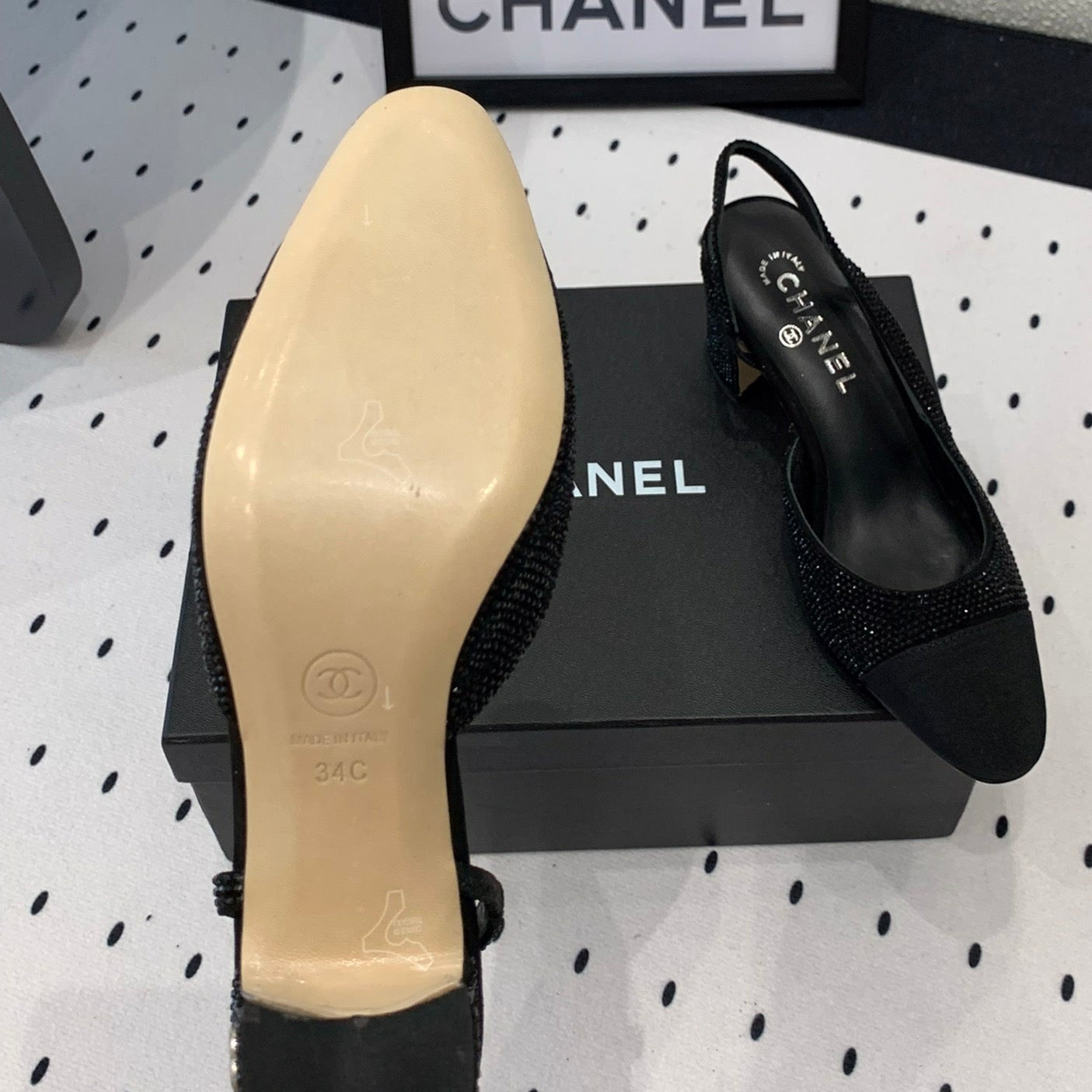 Double CC Rhinestone Slingback Sheepskin Black - 35